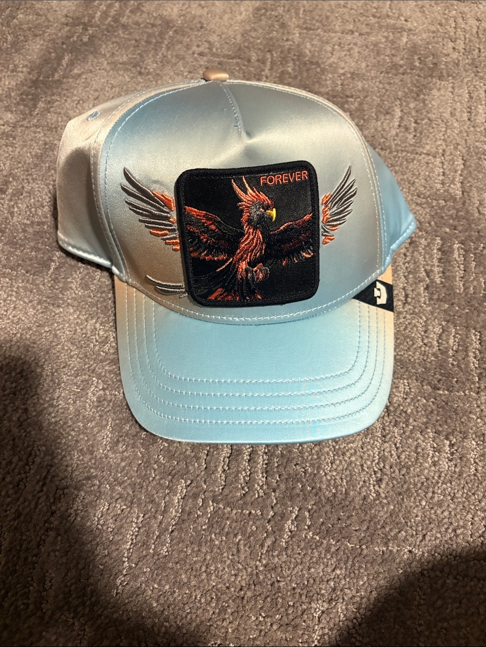 Goorin Bros Light Blue Satin Trucker Cap with Phoenix Patch